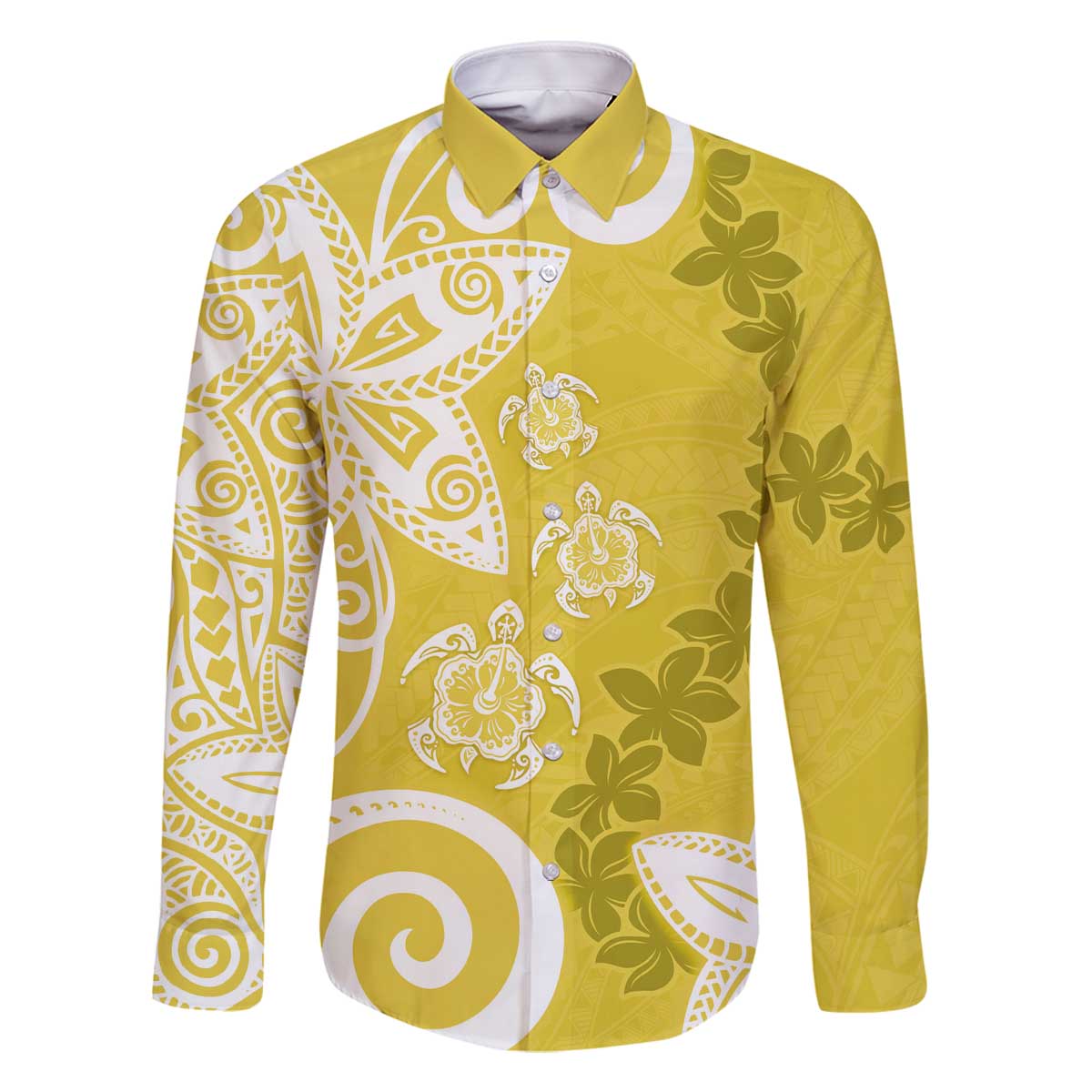 Polynesia Family Matching Off The Shoulder Long Sleeve Dress and Hawaiian Shirt Yellow Tribal Turtle Floral Pattern LT05 Dad's Shirt - Long Sleeve Yellow - Polynesian Pride