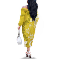 Polynesia Family Matching Off The Shoulder Long Sleeve Dress and Hawaiian Shirt Yellow Tribal Turtle Floral Pattern LT05 - Polynesian Pride