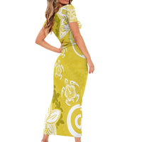 Polynesia Family Matching Short Sleeve Bodycon Dress and Hawaiian Shirt Yellow Tribal Turtle Floral Pattern LT05 - Polynesian Pride
