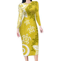 Polynesia Long Sleeve Bodycon Dress Yellow Tribal Turtle Floral Pattern LT05 Long Dress Yellow - Polynesian Pride