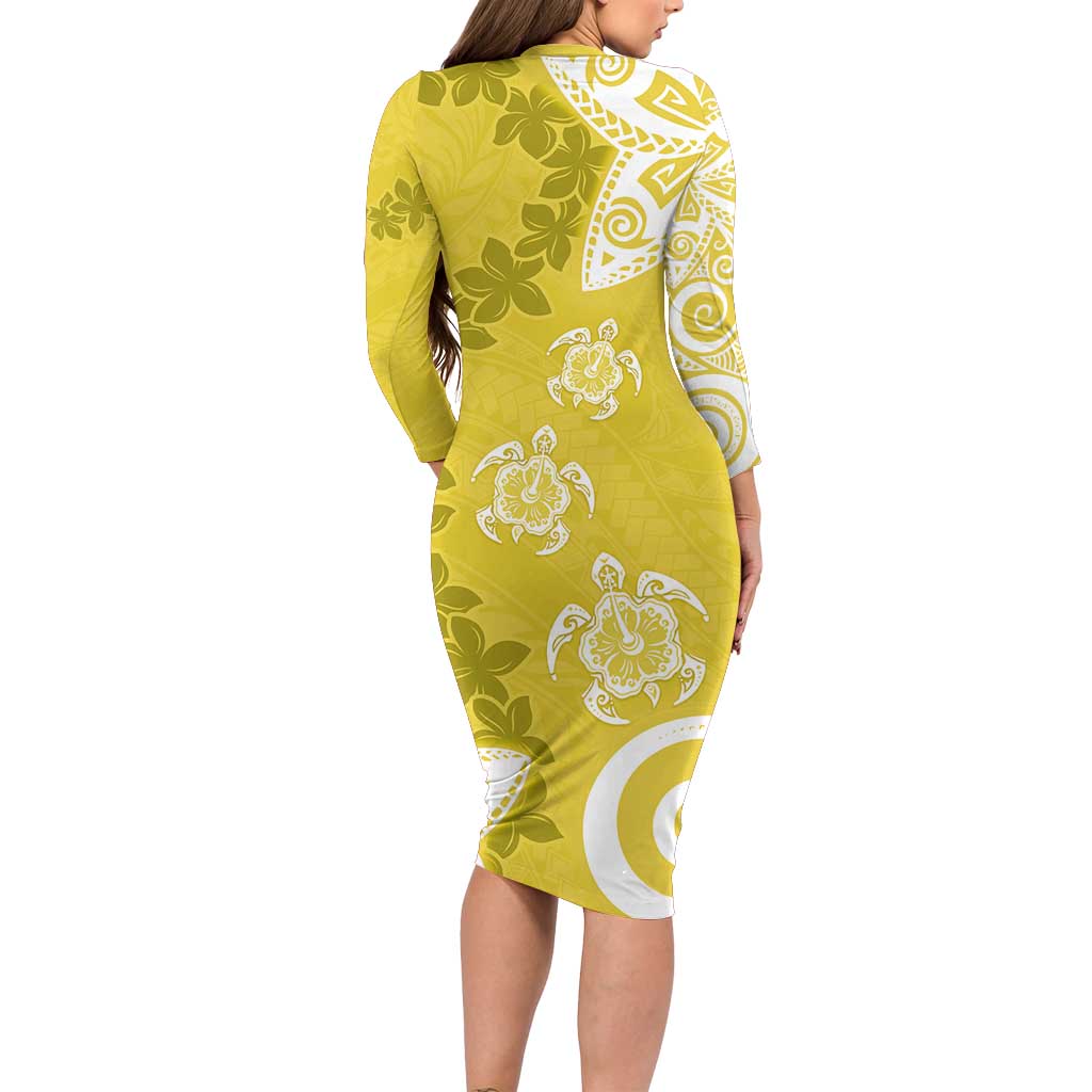 Polynesia Long Sleeve Bodycon Dress Yellow Tribal Turtle Floral Pattern LT05 - Polynesian Pride