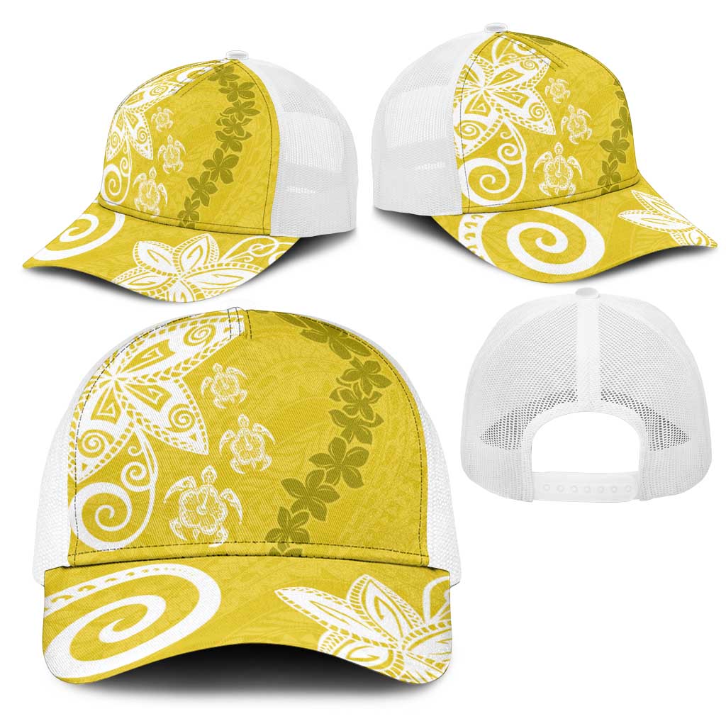 Polynesia Mesh Trucker Cap Yellow Tribal Turtle Floral Pattern - Polynesian Pride