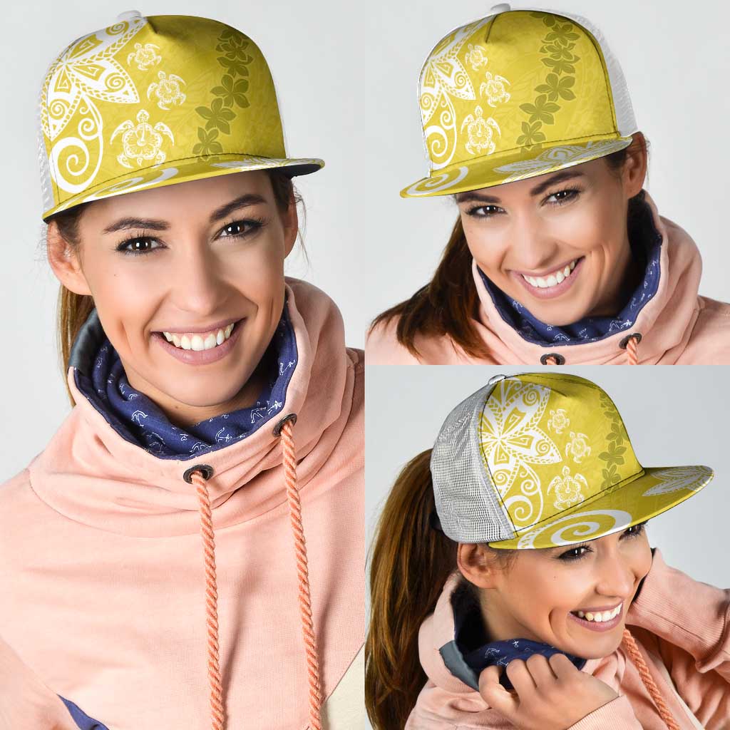 Polynesia Mesh Trucker Cap Yellow Tribal Turtle Floral Pattern - Polynesian Pride