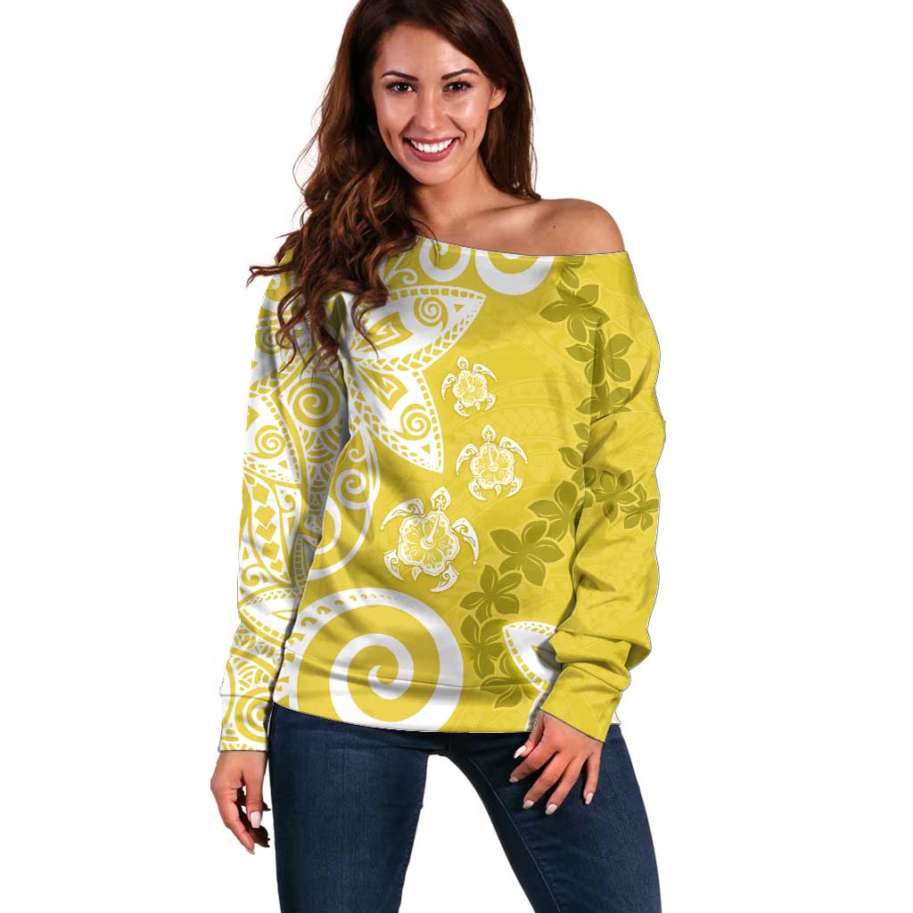 Polynesia Off Shoulder Sweater Yellow Tribal Turtle Floral Pattern LT05 Women Yellow - Polynesian Pride