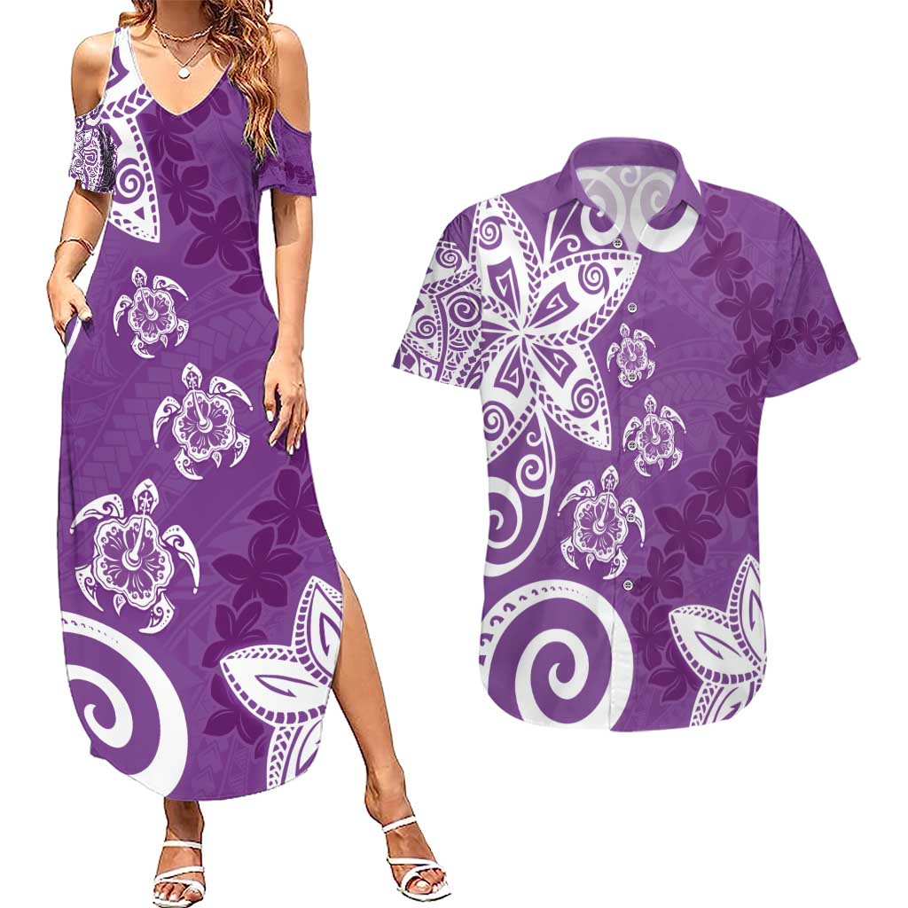 Polynesia Couples Matching Summer Maxi Dress and Hawaiian Shirt Purple Tribal Turtle Floral Pattern LT05 Purple - Polynesian Pride