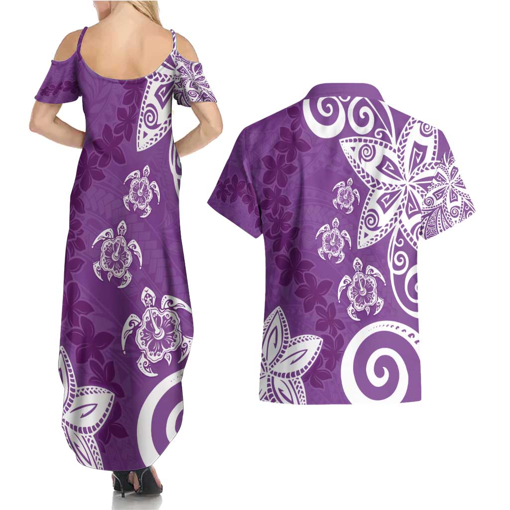 Polynesia Couples Matching Summer Maxi Dress and Hawaiian Shirt Purple Tribal Turtle Floral Pattern
