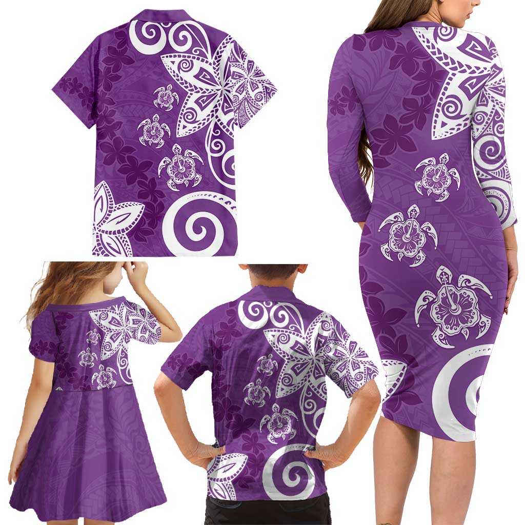 Polynesia Family Matching Long Sleeve Bodycon Dress and Hawaiian Shirt Purple Tribal Turtle Floral Pattern LT05 - Polynesian Pride