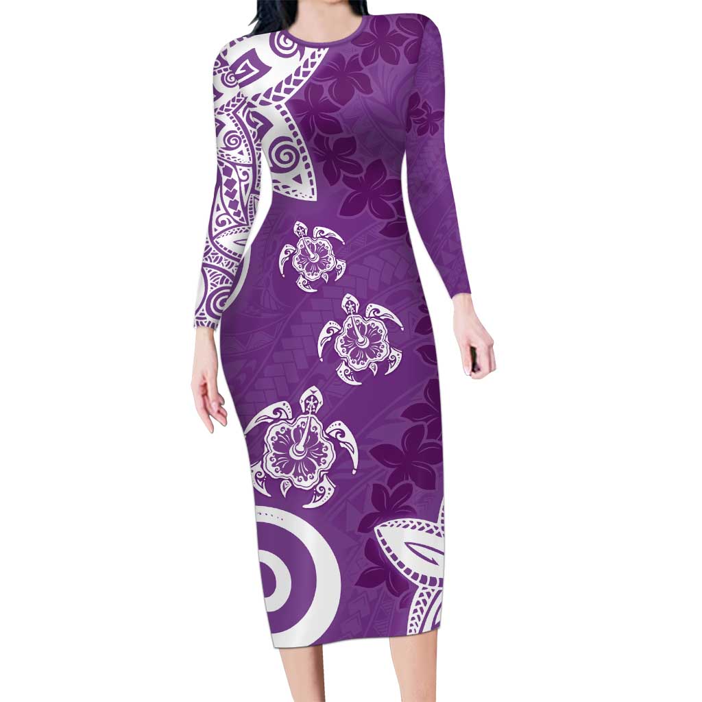 Polynesia Family Matching Long Sleeve Bodycon Dress and Hawaiian Shirt Purple Tribal Turtle Floral Pattern LT05 Mom's Dress Purple - Polynesian Pride