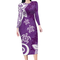 Polynesia Family Matching Long Sleeve Bodycon Dress and Hawaiian Shirt Purple Tribal Turtle Floral Pattern LT05 Mom's Dress Purple - Polynesian Pride