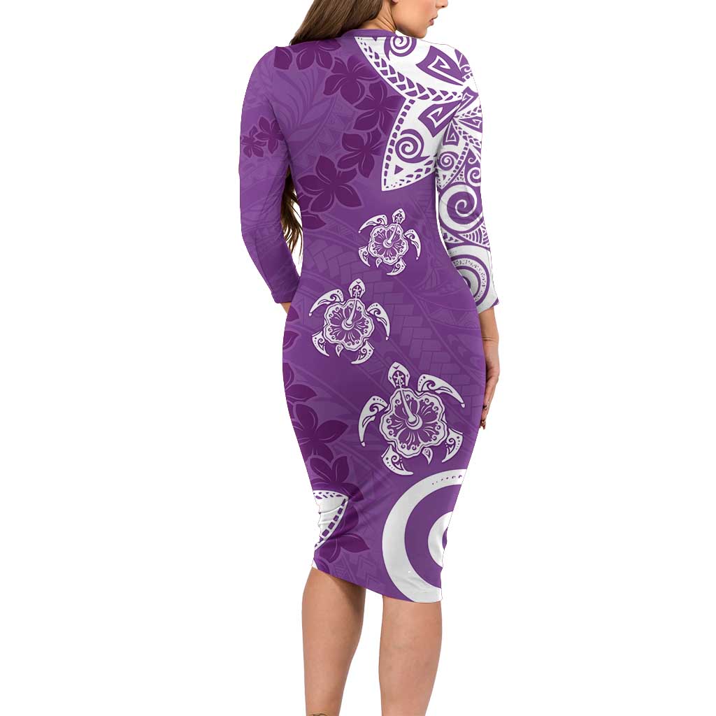 Polynesia Family Matching Long Sleeve Bodycon Dress and Hawaiian Shirt Purple Tribal Turtle Floral Pattern LT05 - Polynesian Pride