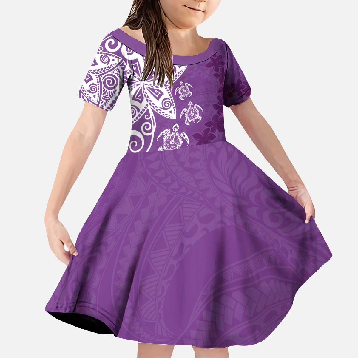 Polynesia Family Matching Off The Shoulder Long Sleeve Dress and Hawaiian Shirt Purple Tribal Turtle Floral Pattern LT05 Daughter's Dress Purple - Polynesian Pride