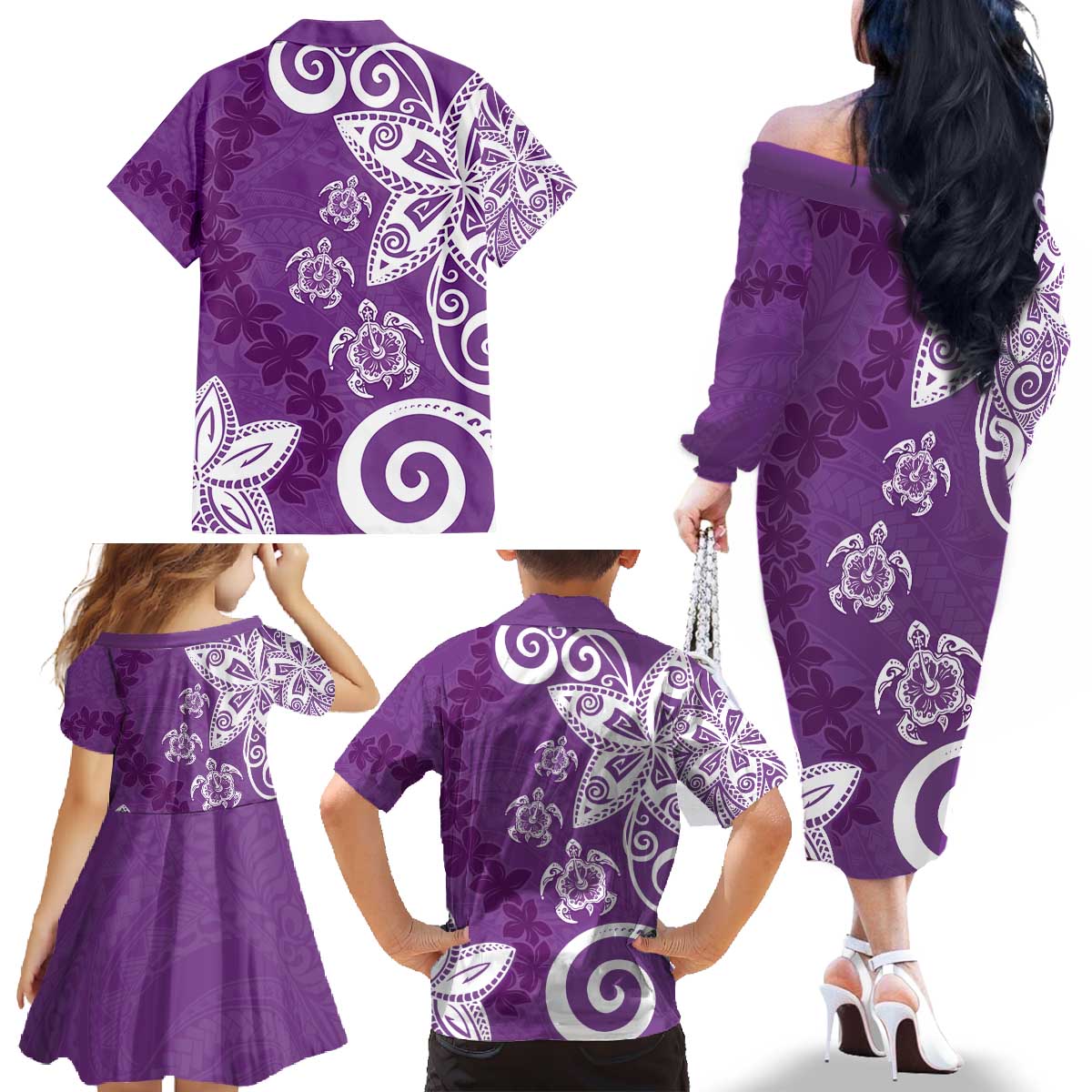 Polynesia Family Matching Off The Shoulder Long Sleeve Dress and Hawaiian Shirt Purple Tribal Turtle Floral Pattern LT05 - Polynesian Pride