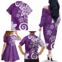 Polynesia Family Matching Off The Shoulder Long Sleeve Dress and Hawaiian Shirt Purple Tribal Turtle Floral Pattern LT05 - Polynesian Pride