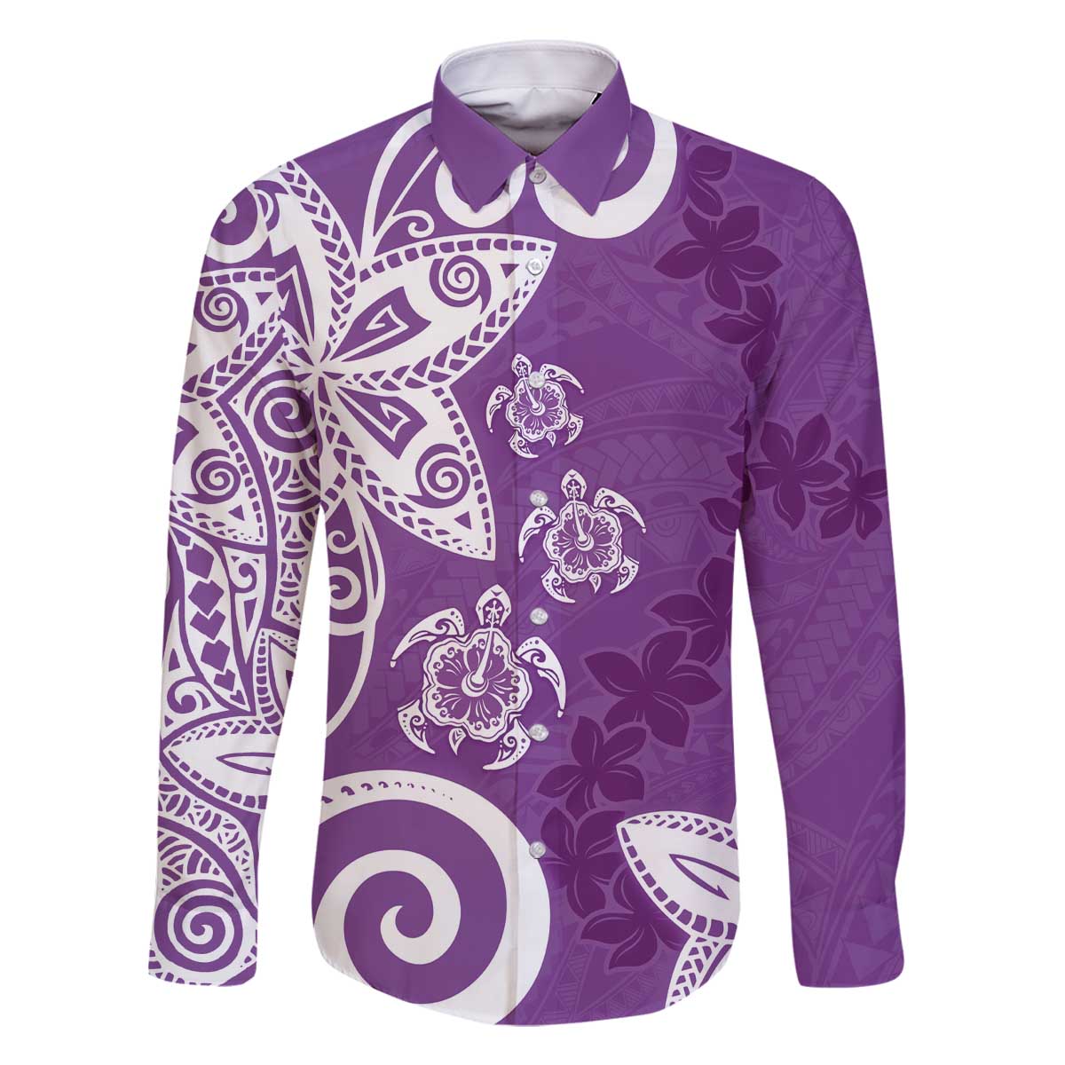 Polynesia Family Matching Off The Shoulder Long Sleeve Dress and Hawaiian Shirt Purple Tribal Turtle Floral Pattern LT05 Dad's Shirt - Long Sleeve Purple - Polynesian Pride