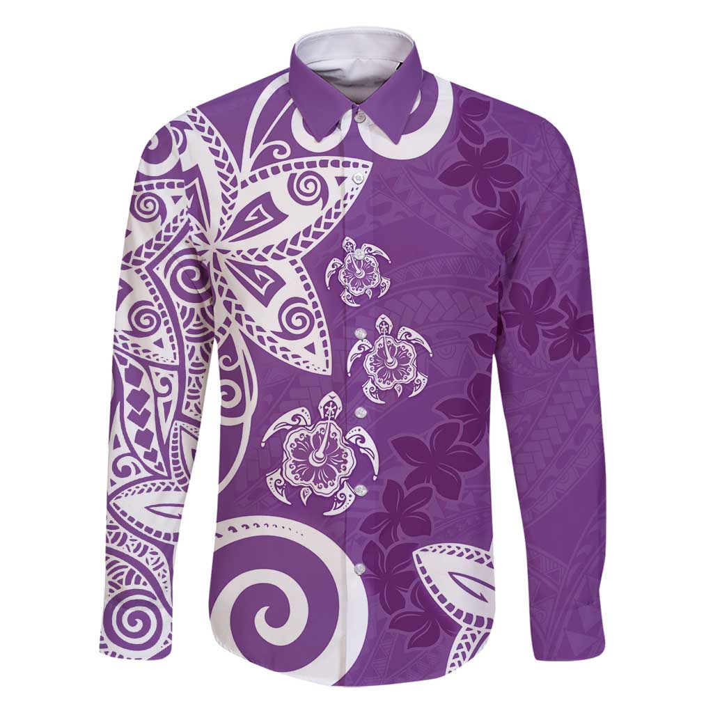 Polynesia Family Matching Off Shoulder Short Dress and Hawaiian Shirt Purple Tribal Turtle Floral Pattern