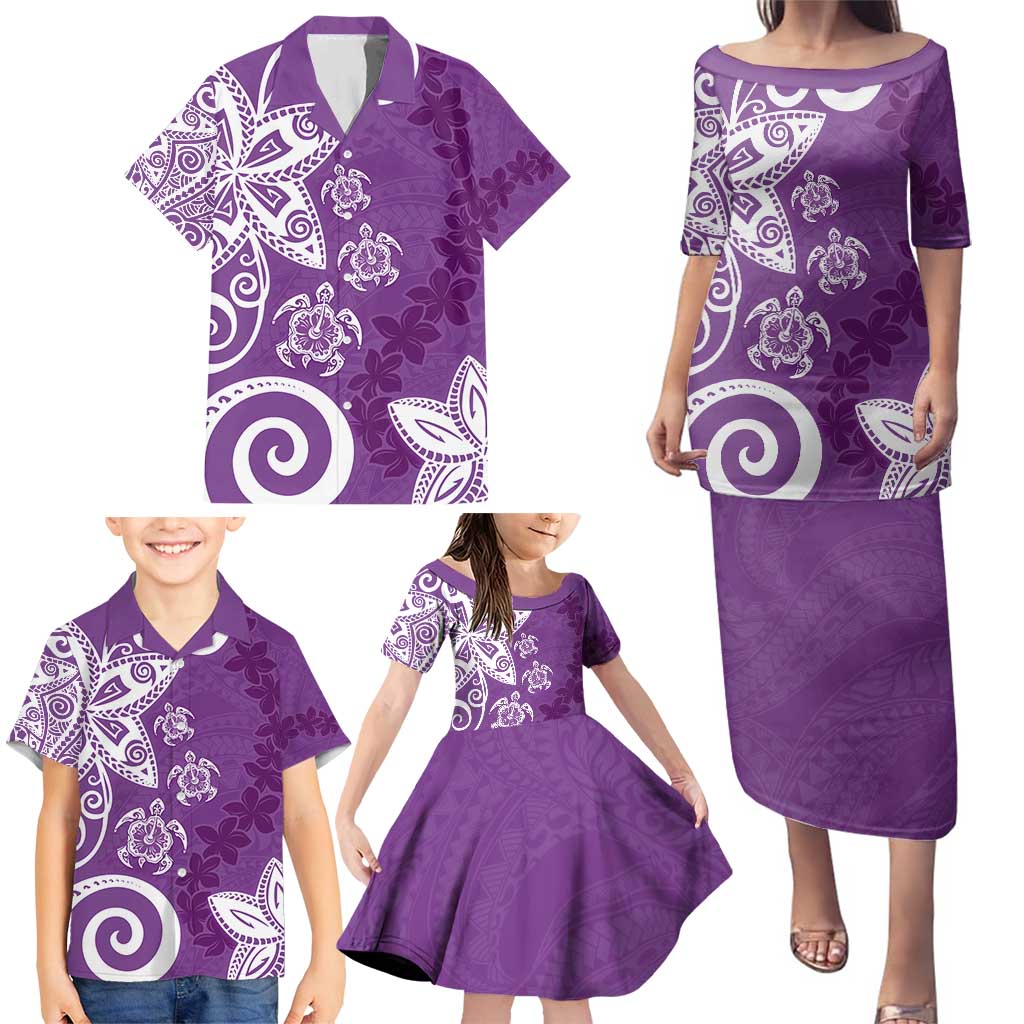 Polynesia Family Matching Puletasi and Hawaiian Shirt Purple Tribal Turtle Floral Pattern LT05 - Polynesian Pride