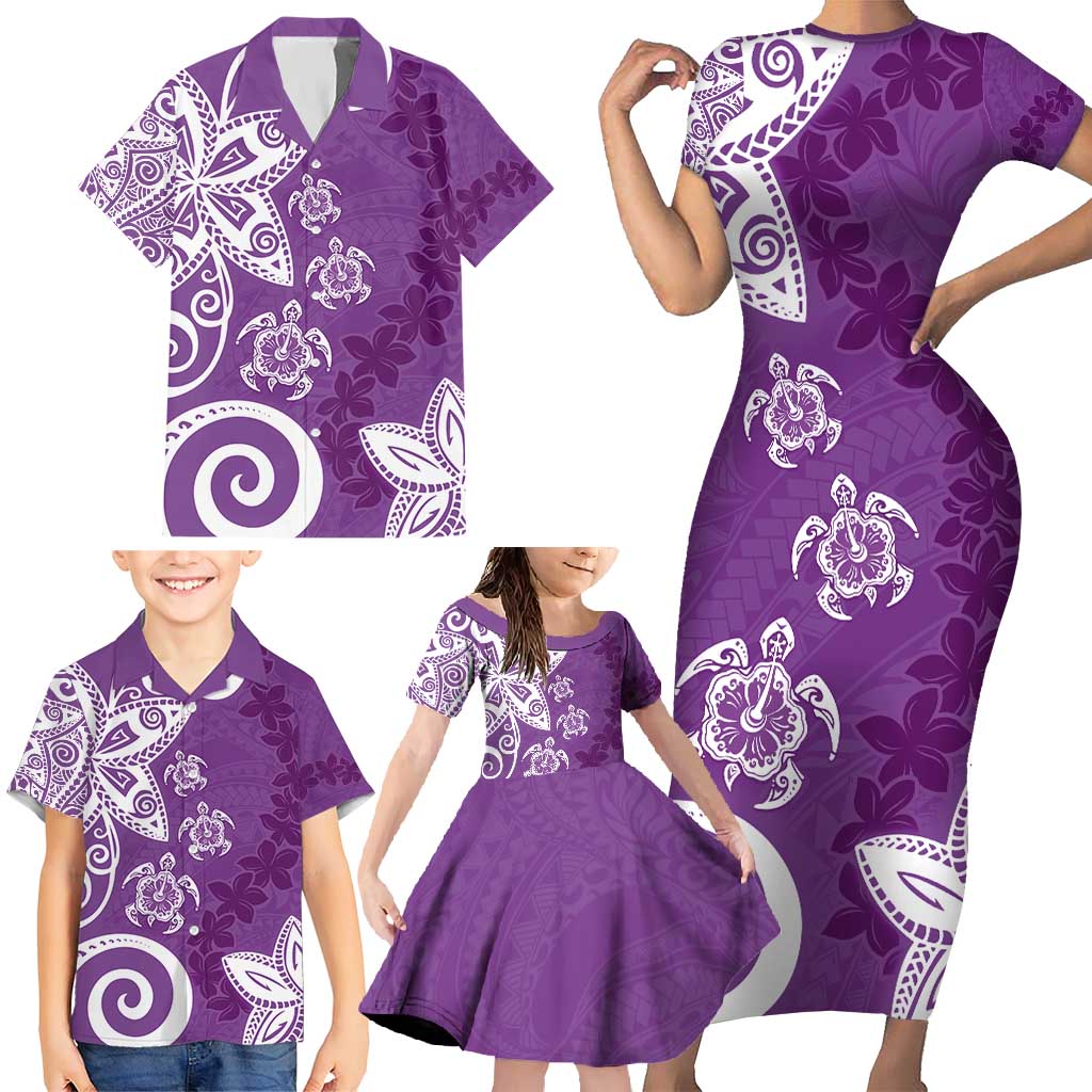 Polynesia Family Matching Short Sleeve Bodycon Dress and Hawaiian Shirt Purple Tribal Turtle Floral Pattern LT05 - Polynesian Pride