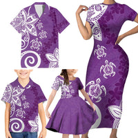 Polynesia Family Matching Short Sleeve Bodycon Dress and Hawaiian Shirt Purple Tribal Turtle Floral Pattern LT05 - Polynesian Pride