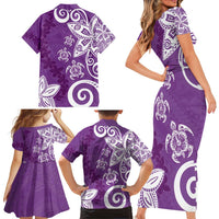 Polynesia Family Matching Short Sleeve Bodycon Dress and Hawaiian Shirt Purple Tribal Turtle Floral Pattern LT05 - Polynesian Pride