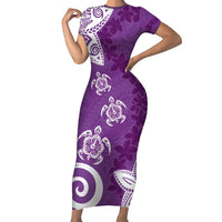 Polynesia Family Matching Short Sleeve Bodycon Dress and Hawaiian Shirt Purple Tribal Turtle Floral Pattern LT05 Mom's Dress Purple - Polynesian Pride