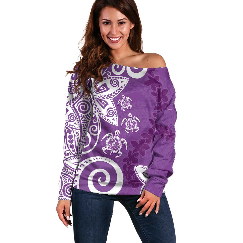 Polynesia Off Shoulder Sweater Purple Tribal Turtle Floral Pattern LT05 Women Purple - Polynesian Pride
