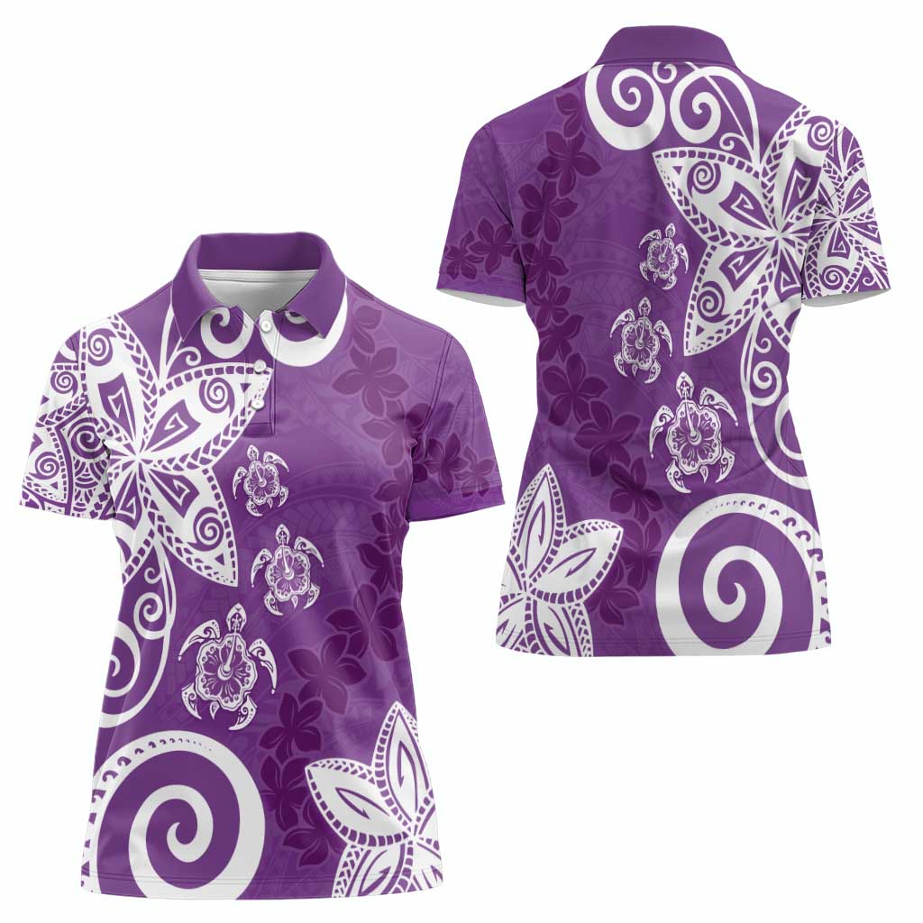 Polynesia Women Polo Shirt Purple Tribal Turtle Floral Pattern