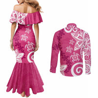 Polynesia Couples Matching Mermaid Dress and Long Sleeve Button Shirt Pink Tribal Turtle Floral Pattern