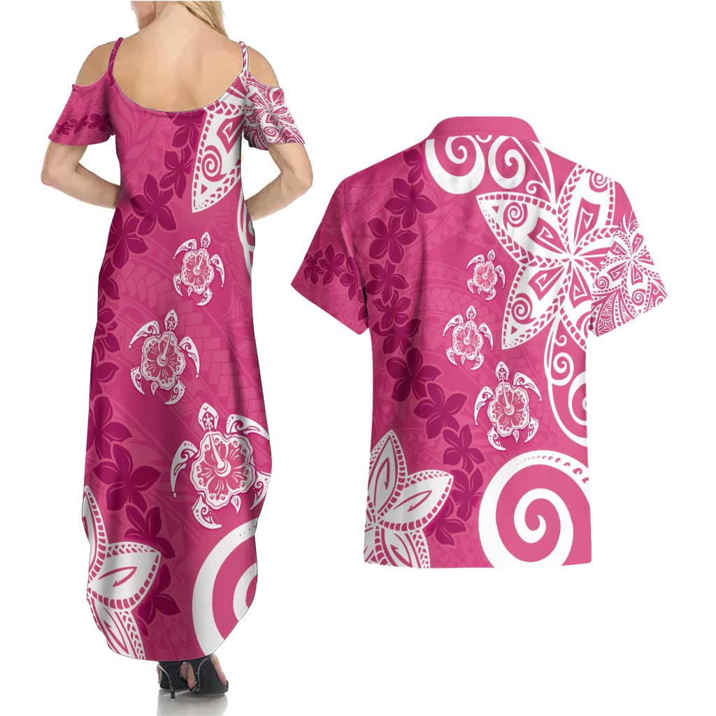 Polynesia Couples Matching Summer Maxi Dress and Hawaiian Shirt Pink Tribal Turtle Floral Pattern