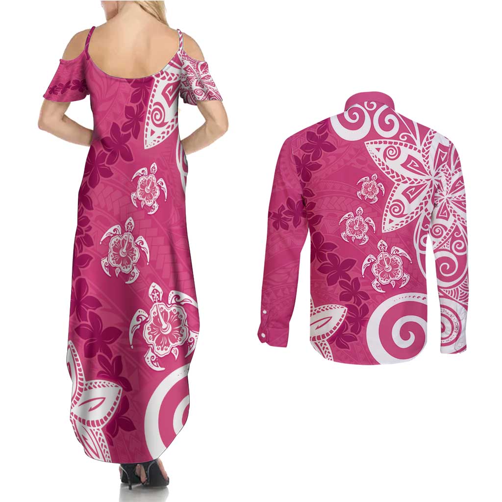 Polynesia Couples Matching Summer Maxi Dress and Long Sleeve Button Shirt Pink Tribal Turtle Floral Pattern