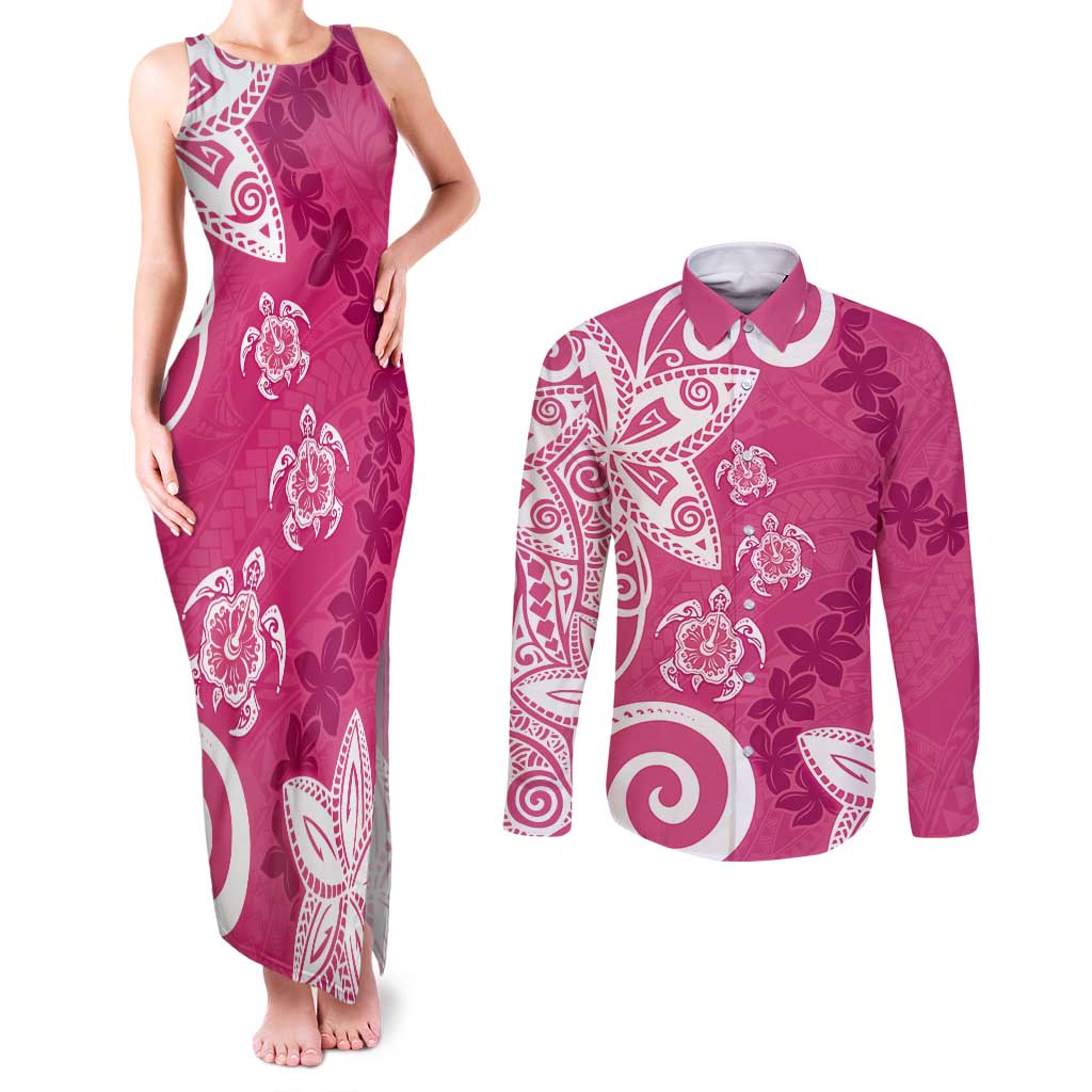 Polynesia Couples Matching Tank Maxi Dress and Long Sleeve Button Shirt Pink Tribal Turtle Floral Pattern
