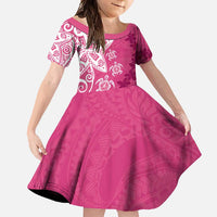 Polynesia Family Matching Long Sleeve Bodycon Dress and Hawaiian Shirt Pink Tribal Turtle Floral Pattern LT05 Daughter's Dress Pink - Polynesian Pride