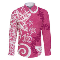 Polynesia Family Matching Long Sleeve Bodycon Dress and Hawaiian Shirt Pink Tribal Turtle Floral Pattern LT05 Dad's Shirt - Long Sleeve Pink - Polynesian Pride