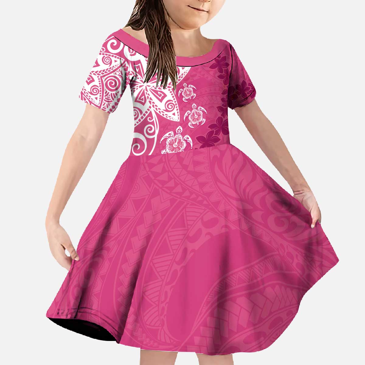 Polynesia Family Matching Off The Shoulder Long Sleeve Dress and Hawaiian Shirt Pink Tribal Turtle Floral Pattern LT05 Daughter's Dress Pink - Polynesian Pride