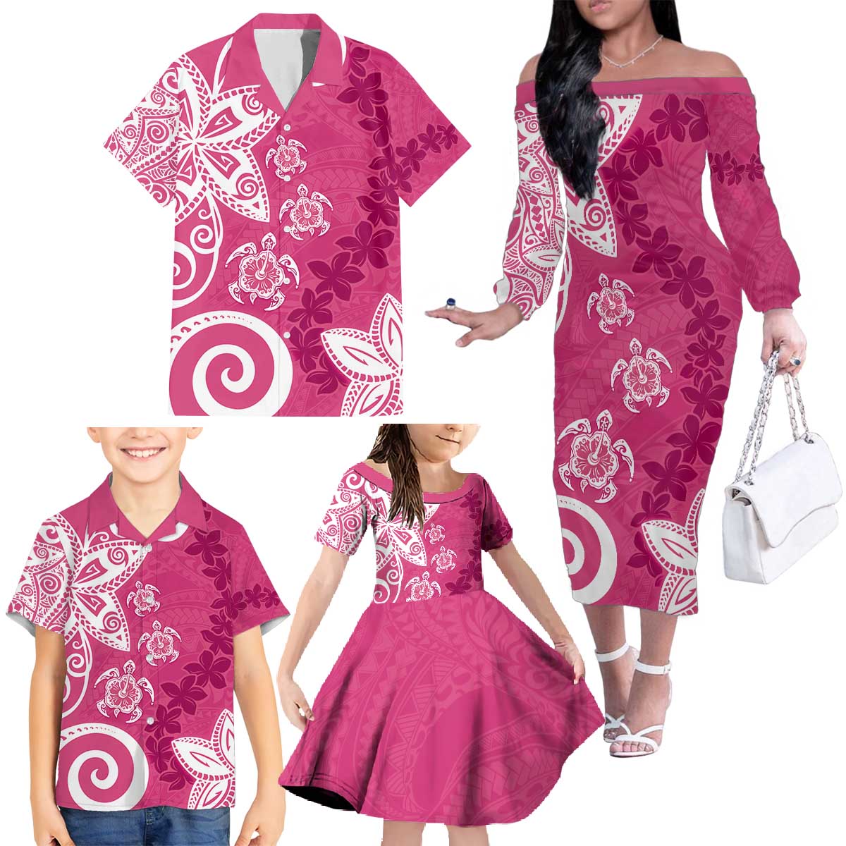 Polynesia Family Matching Off The Shoulder Long Sleeve Dress and Hawaiian Shirt Pink Tribal Turtle Floral Pattern LT05 - Polynesian Pride