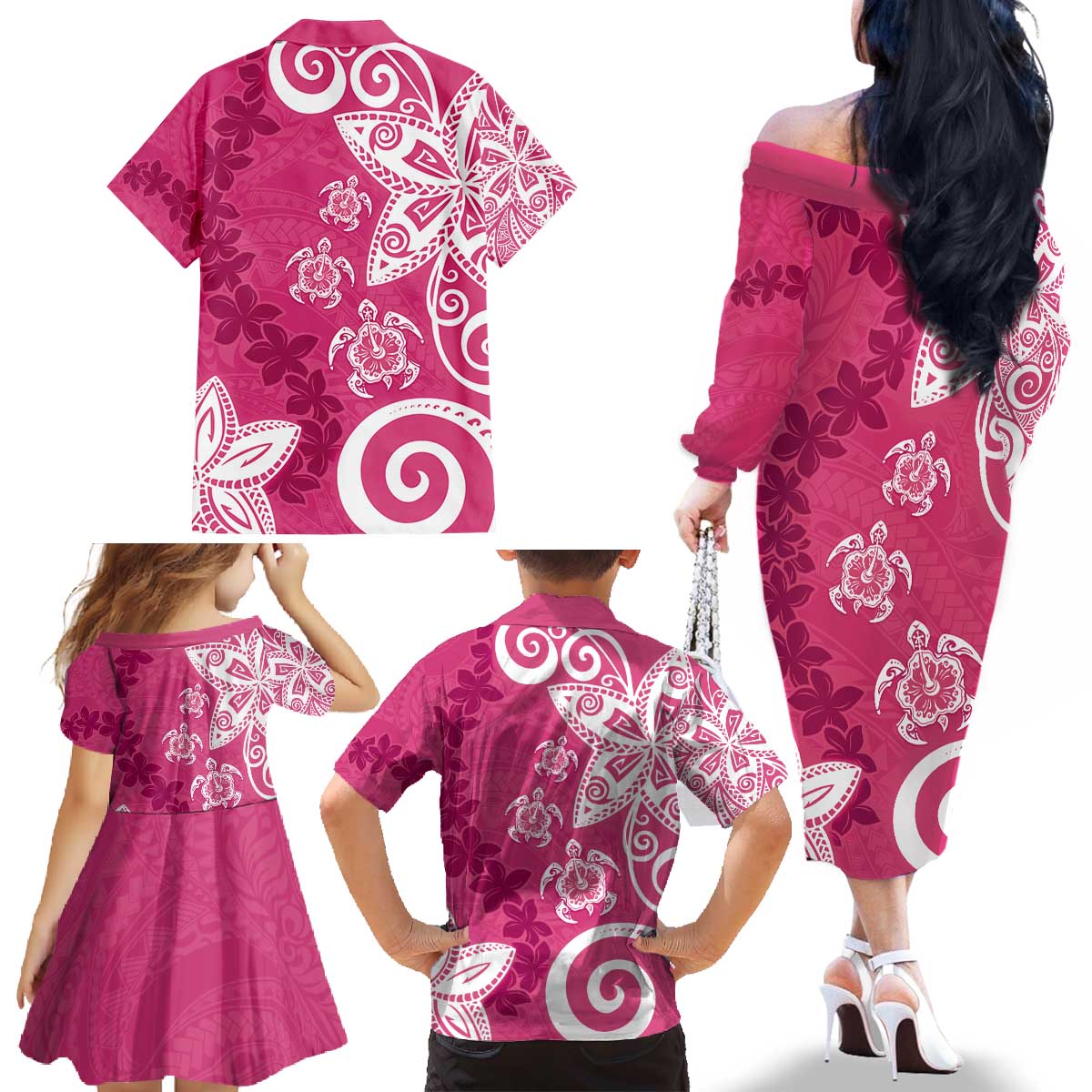 Polynesia Family Matching Off The Shoulder Long Sleeve Dress and Hawaiian Shirt Pink Tribal Turtle Floral Pattern LT05 - Polynesian Pride
