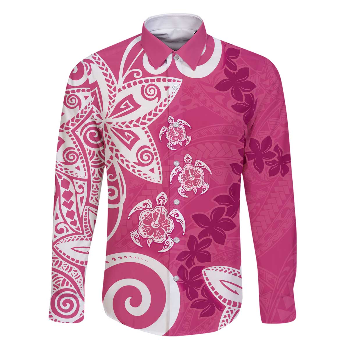 Polynesia Family Matching Off The Shoulder Long Sleeve Dress and Hawaiian Shirt Pink Tribal Turtle Floral Pattern LT05 Dad's Shirt - Long Sleeve Pink - Polynesian Pride