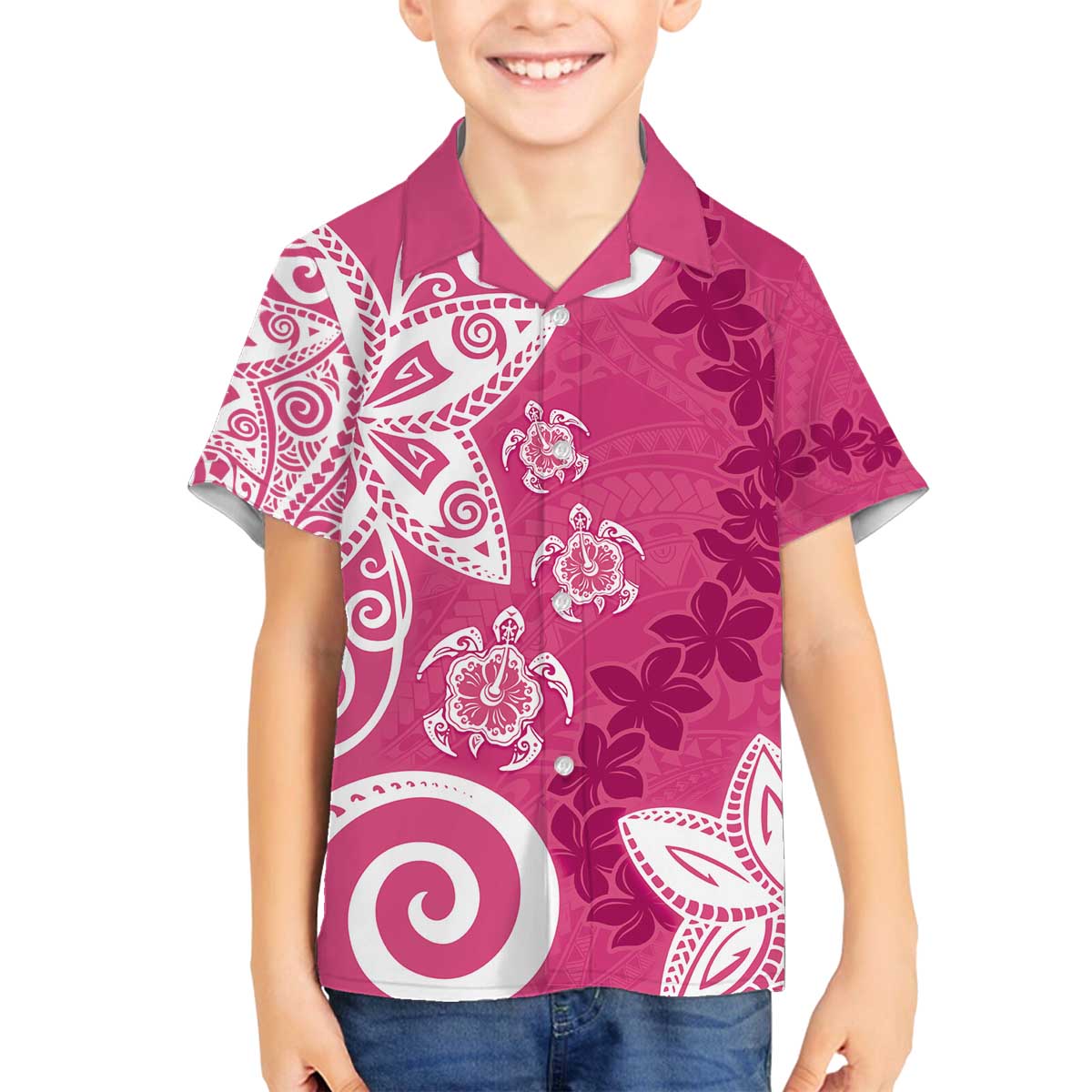 Polynesia Family Matching Off The Shoulder Long Sleeve Dress and Hawaiian Shirt Pink Tribal Turtle Floral Pattern LT05 Son's Shirt Pink - Polynesian Pride