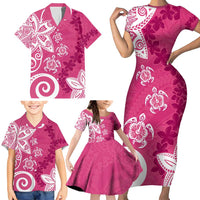 Polynesia Family Matching Short Sleeve Bodycon Dress and Hawaiian Shirt Pink Tribal Turtle Floral Pattern LT05 - Polynesian Pride
