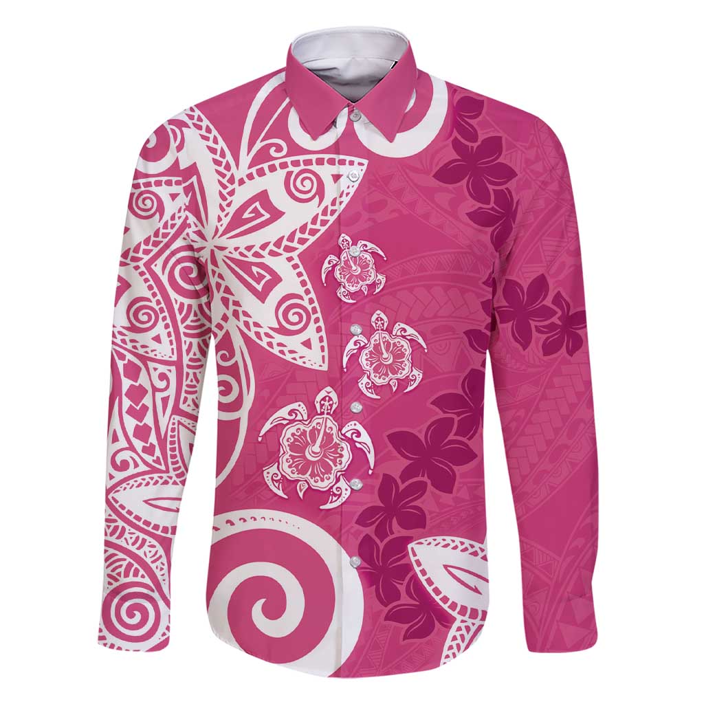 Polynesia Family Matching Short Sleeve Bodycon Dress and Hawaiian Shirt Pink Tribal Turtle Floral Pattern LT05 Dad's Shirt - Long Sleeve Pink - Polynesian Pride