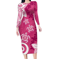 Polynesia Long Sleeve Bodycon Dress Pink Tribal Turtle Floral Pattern LT05 Long Dress Pink - Polynesian Pride