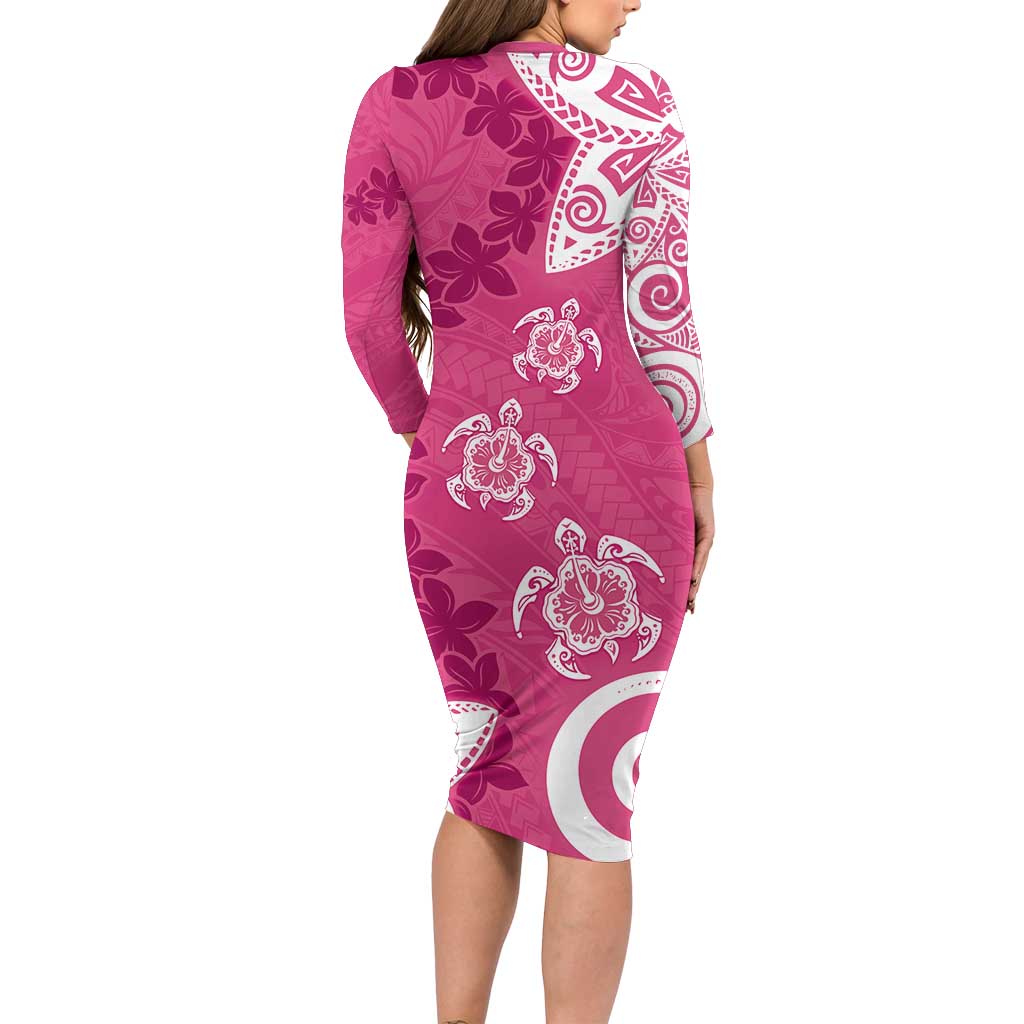 Polynesia Long Sleeve Bodycon Dress Pink Tribal Turtle Floral Pattern LT05 - Polynesian Pride