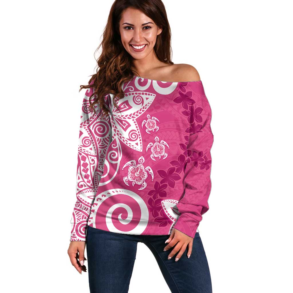 Polynesia Off Shoulder Sweater Pink Tribal Turtle Floral Pattern LT05 Women Pink - Polynesian Pride