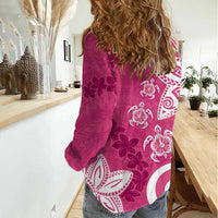 Polynesia Women Casual Shirt Pink Tribal Turtle Floral Pattern