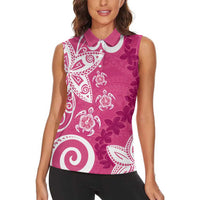 Polynesia Women Sleeveless Polo Shirt Pink Tribal Turtle Floral Pattern LT05 - Polynesian Pride