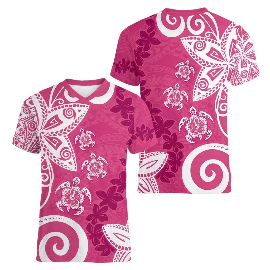 Polynesia Women V-Neck T-Shirt Pink Tribal Turtle Floral Pattern LT05 - Polynesian Pride