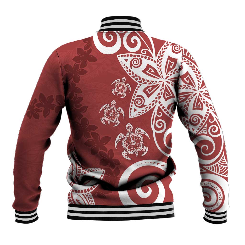 Polynesia Baseball Jacket Red Tribal Turtle Floral Pattern
