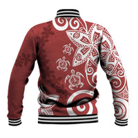 Polynesia Baseball Jacket Red Tribal Turtle Floral Pattern