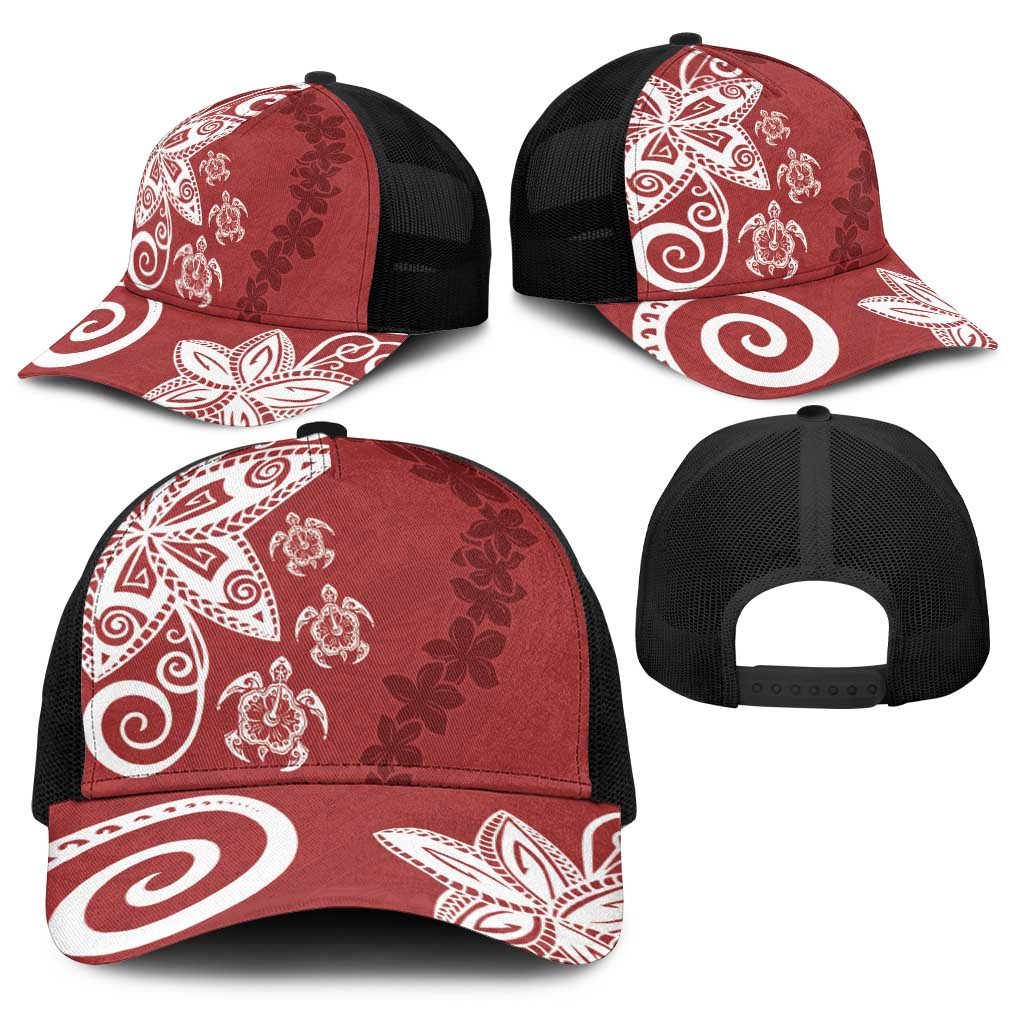 Polynesia Baseball Net Cap Red Tribal Turtle Floral Pattern - Polynesian Pride