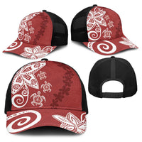 Polynesia Baseball Net Cap Red Tribal Turtle Floral Pattern - Polynesian Pride