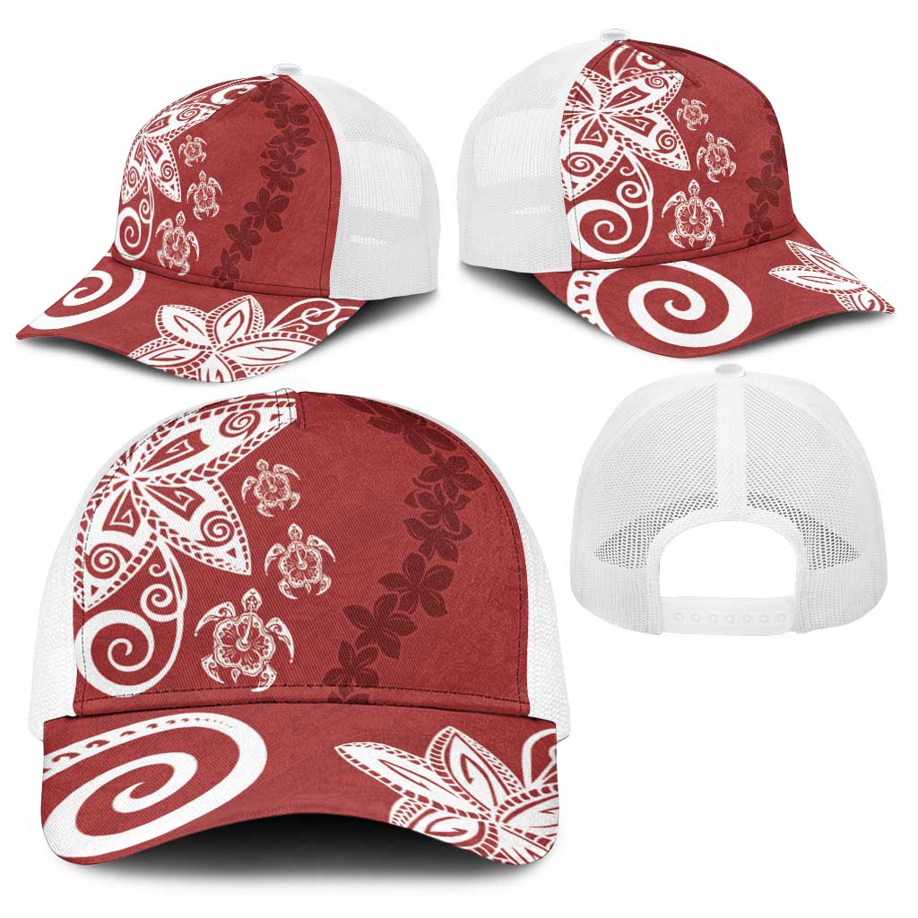 Polynesia Baseball Net Cap Red Tribal Turtle Floral Pattern - Polynesian Pride